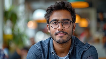 A man wearing glasses looks directly at the camera, making eye contact with a focused expression