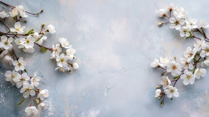 White spring blossoms on textured blue background