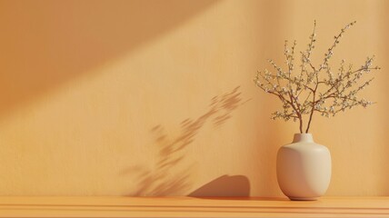 Vase with flowering branches on orange backdrop shadows