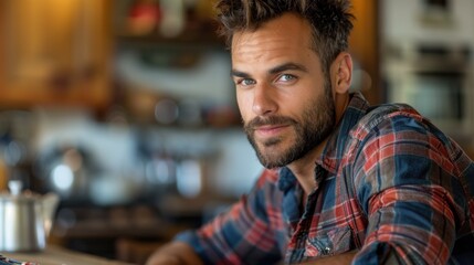 Obraz premium A man with a beard is seated at a bar, looking contemplative as he sips on a drink