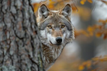 Digital artwork of  wolf is standing in the woods behind a tree, high quality, high resolution