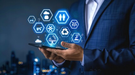 A businessman with environmental technology Icons, global warming, sustainable development,