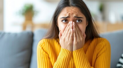 A woman sitting with her head in her hands, covering her face completely