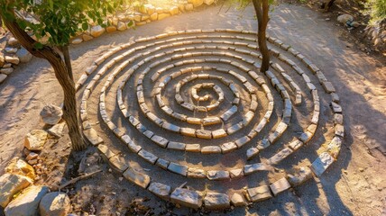 Circular stone labyrinth in natural setting during sunlight