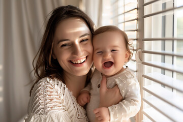 Mother and Baby Laughing Together, Joyful Moments Near Window, Sunlit Room