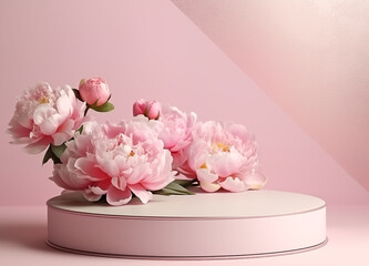 Podium with pink peonies in pastel colors for product presentation. Flower pedestal beauty minimal presentation cosmetic peony. Mockup for branding, packaging.