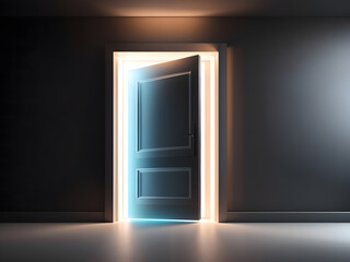  3d render, bright light glowing from an open door isolated on a black background design. Architectural design element. Modern minimal concept. Hope metaphor