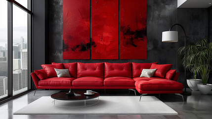 Living room decorated with red sofa