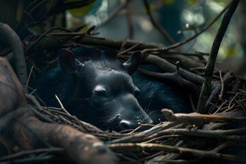 a tapir is sleeping in the nest