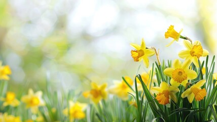 Yellow daffodils in bloom with soft-focus background sunlit field