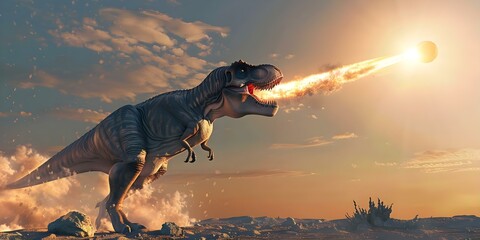 Hyperrealistic depiction of Tyrannosaurus rex during meteorite impact causing dinosaur extinction. Concept Dinosaurs, Extinction, Tyrannosaurus rex, Meteorite Impact, Paleontology