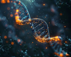 A glowing DNA strand with a blue background. The strand is lit up with orange and blue lights