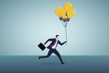 Innovation idea, creativity, solution or smart thinking, inspiration, imagination or wisdom to develop business plan, advice or invention concept, smart businessman holding lightbulb idea balloons.