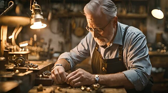 Goldschmied sitzt in seiner Werkstatt und bearbeitet ein Schmuckst&uuml;ck