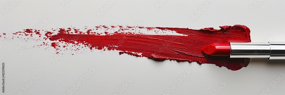 Poster a vivid red lipstick leaves a swatch line on a white background with a mixture of classic matte text