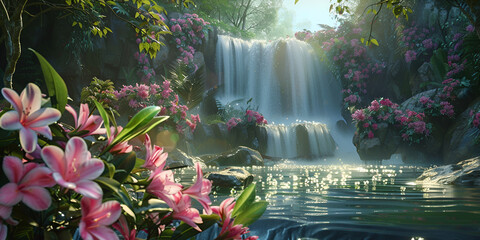 Waterfall flowing through a lush rainforest Lush Tropical Paradise With Vibrant Foliage Wallpaper