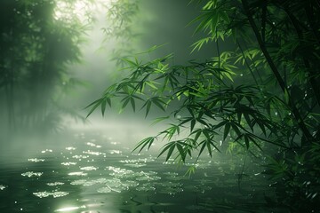 Green bamboo leaves in water in dark setting, high quality, high resolution