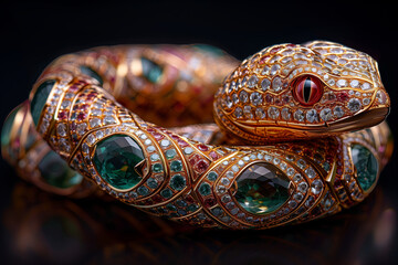 Luxurious Jewel-Encrusted Snake Sculpture. Close-up of a luxurious snake sculpture adorned with emeralds, diamonds, and gold detailing.