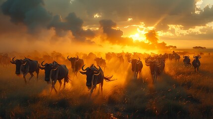 Roaming expansive plains of the Serengeti a herd of wildebeest kicks up dust as they embark on their annual migration their thunderous hooves echoing across the savannah