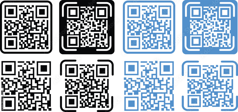 Poster set of digital scanning qr code icons. qr code for payment. qr codes scan in black and blue flat sty
