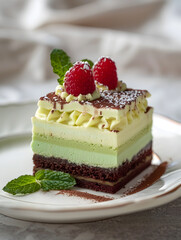 A square piece of cake with layers made from green cookie dough, topped with mint cream and raspberries on top