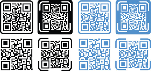 Set of Digital scanning QR code icons. QR code for payment. QR codes scan in black and blue flat styles for smartphone. Vectors QR code samples for smartphone scanning on transparent background.