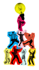 Contemporary art collage. People in formal attire in vibrant color blocks forming pyramid to reach large yellow light bulb. Concept of business ideas and collaboration, teamwork, teambuilding. Ad
