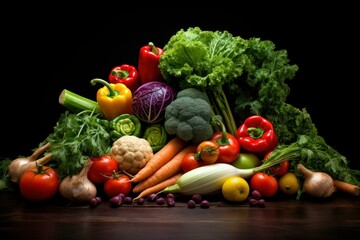 Colorful display of fresh, healthy vegetables artistically arranged on a dark wooden surface