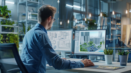 A man is sitting at a desk with two computer monitors in front of him. He is wearing glasses and he is focused on his work