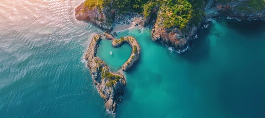 Heart-shaped tropical island in turquoise sea - exotic paradise destination for summer travel