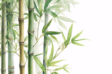 Green bamboo stalks with lush leaves against a white background creating a serene and natural composition