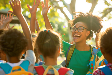 Enthusiastic Young Girl with Raised Hands, Engaging in Schoolyard Game, Joyful Recess Moment