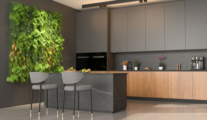 The kitchen is modern and elegant in dark tones and has a vertical garden. 3d rendering