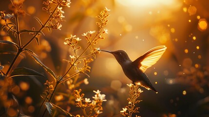 Hummingbird with insect in beak perched on a branch in sunset light