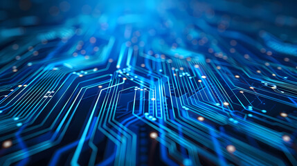 Blue circuit board background with glowing elements and digital technology concept