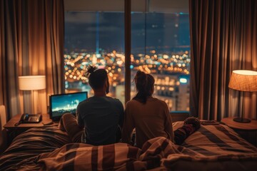 Fototapeta premium An LGBTQ+ couple enjoying a cozy evening in their hotel room, sitting on the bed with a city view, planning their next adventure