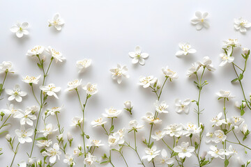 Small little white flowers on a white background with lots of negative space