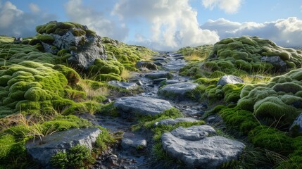 Top of the line CG, surreal photography.Rain-drenched moss on stones along a hiking path. beautiful, romantic, and beautiful lighting. Blue sky, ultra-high definition, front view, Nikon photography,