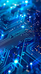 Blue circuit board background with glowing elements and digital technology concept