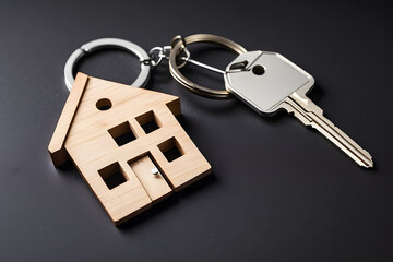 Keychain in the shape of a wooden house with a key on a black background with a square sheet for notes. Building, design, project, moving to new house, mortgage, rent, and purchasing real estate.