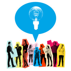 Contemporary art collage. People in vibrant color blocks standing under blue speech bubble with light bulb. Brainstorming. Concept of business ideas and collaboration, teamwork, teambuilding. Ad