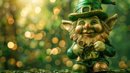 Whimsical garden gnome figurine wearing green hat and holding clover