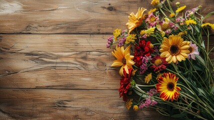 Bouquet of colorful flowers on wooden background