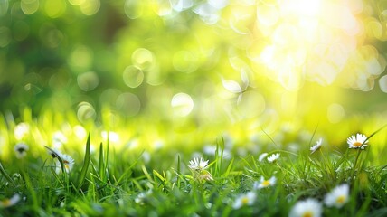 Obraz premium Close-up of daisy flowers in vibrant green grass with soft sunlight and bokeh effect