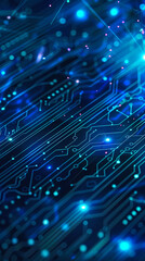 Blue circuit board background with glowing elements and digital technology concept
