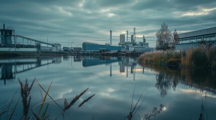Industrial factory reflecting on a peaceful lake