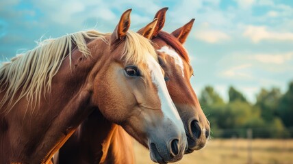 Obraz premium Two brown horses with blonde manes close together against blue sky