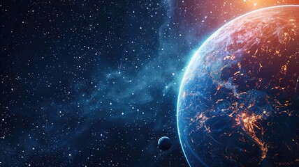 Obraz premium Digitally created image of Earth and smaller celestial body against starry space background, suggesting view from