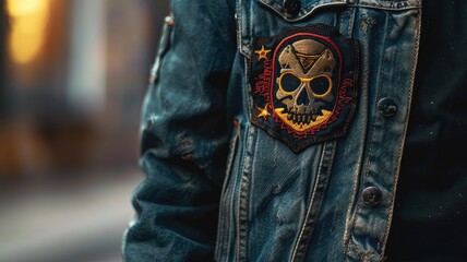 Denim jacket with embroidered skull patch detail