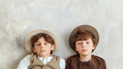 Two young children lying down wearing vintage-style hats and clothing, looking at camera